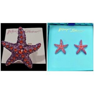 BETSEY JOHNSON SET Mermaid Life Red Crystals Purple Starfish Ring & Earrings NWT